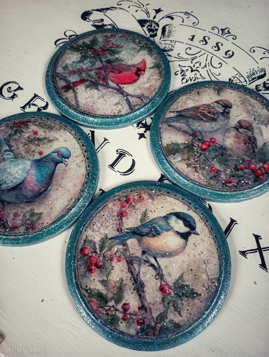 Dekoracyjne podkładki decoupage z ptakami - komplet 4 sztuk