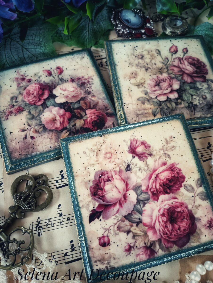 Róże w stylu vintage - dekoracyjne podkładki decoupage (komplet 3 szt.)