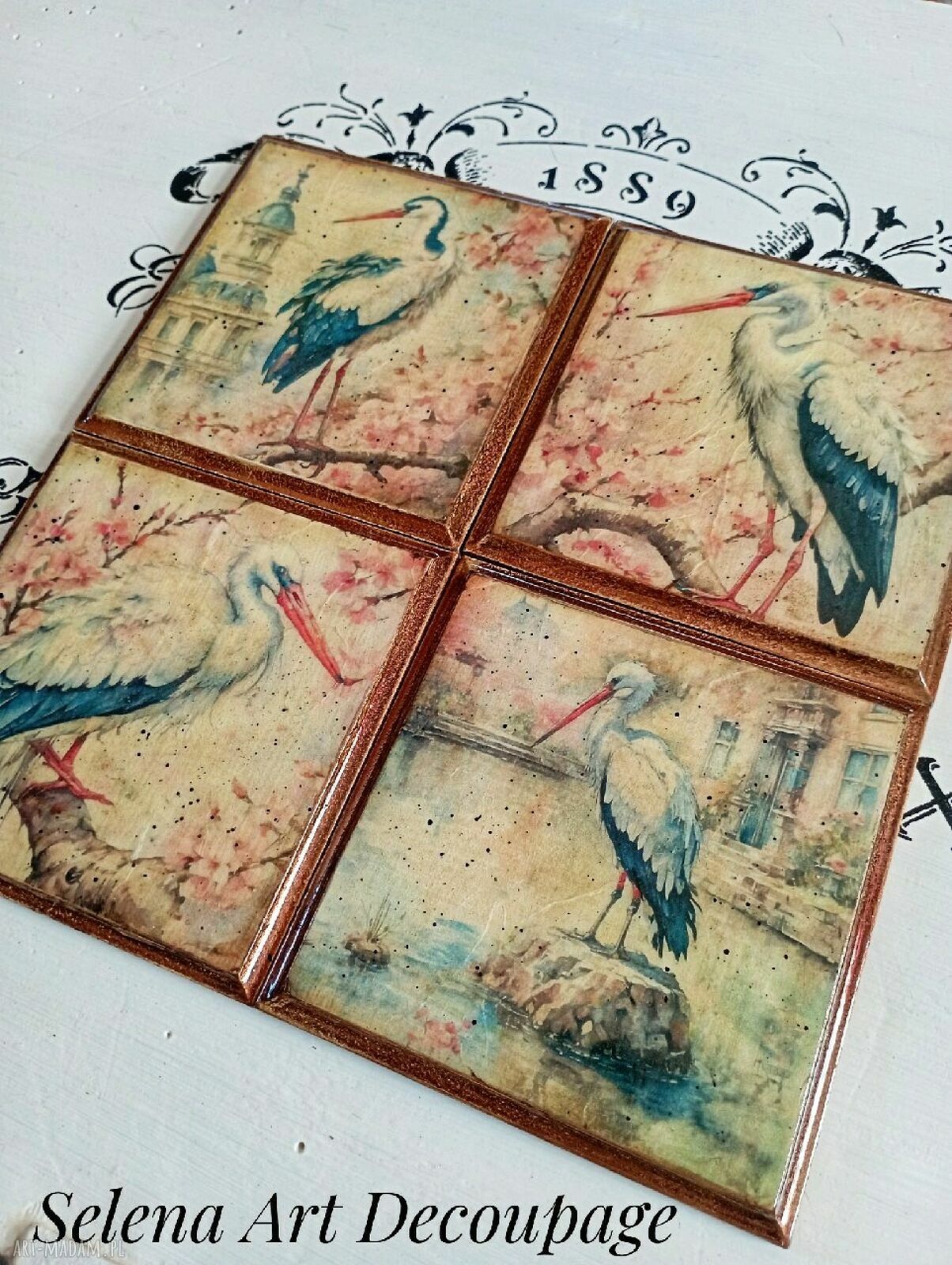 Dekoracyjne podkładki decoupage z bocianami - vintage shabby chic i farmhouse (komplet 4 szt.)