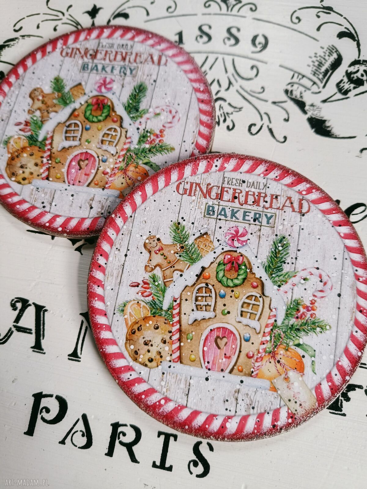 Dekoracyjne podkładki pod kubki decoupage Gingerbread Bakery - komplet 2 sztuk