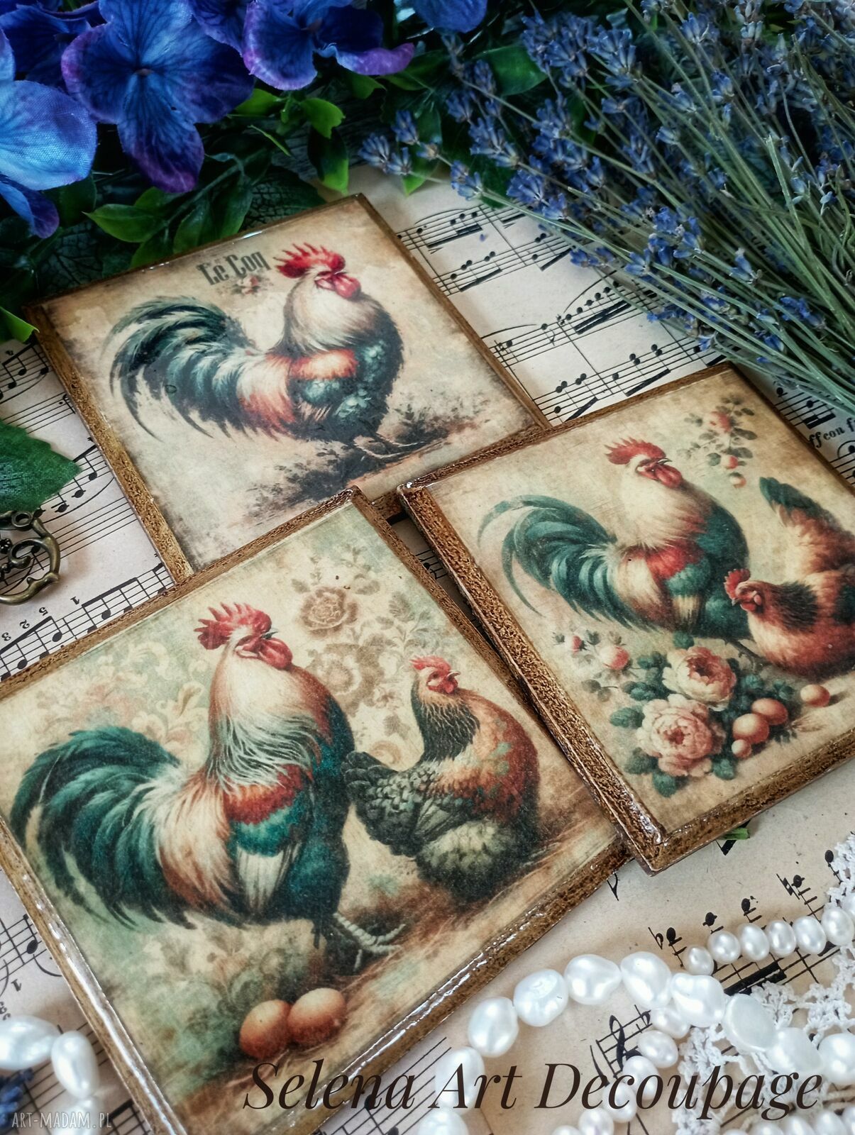 Dekoracyjne podkładki decoupage z kogutami - komplet 3 szt. w stylu farmhouse i shabby chic