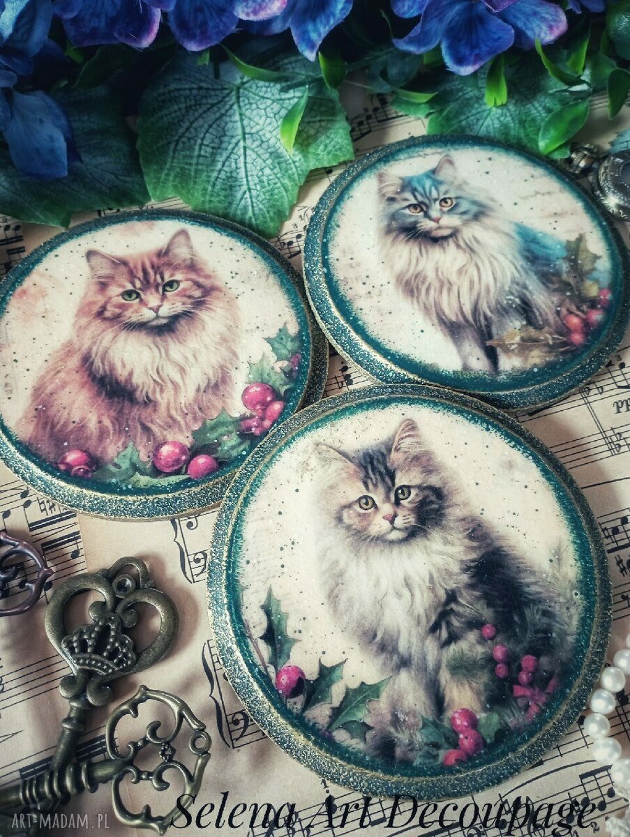 Dekoracyjne podkładki decoupage z kotkami vintage - shabby chic (komplet 3 szt.)