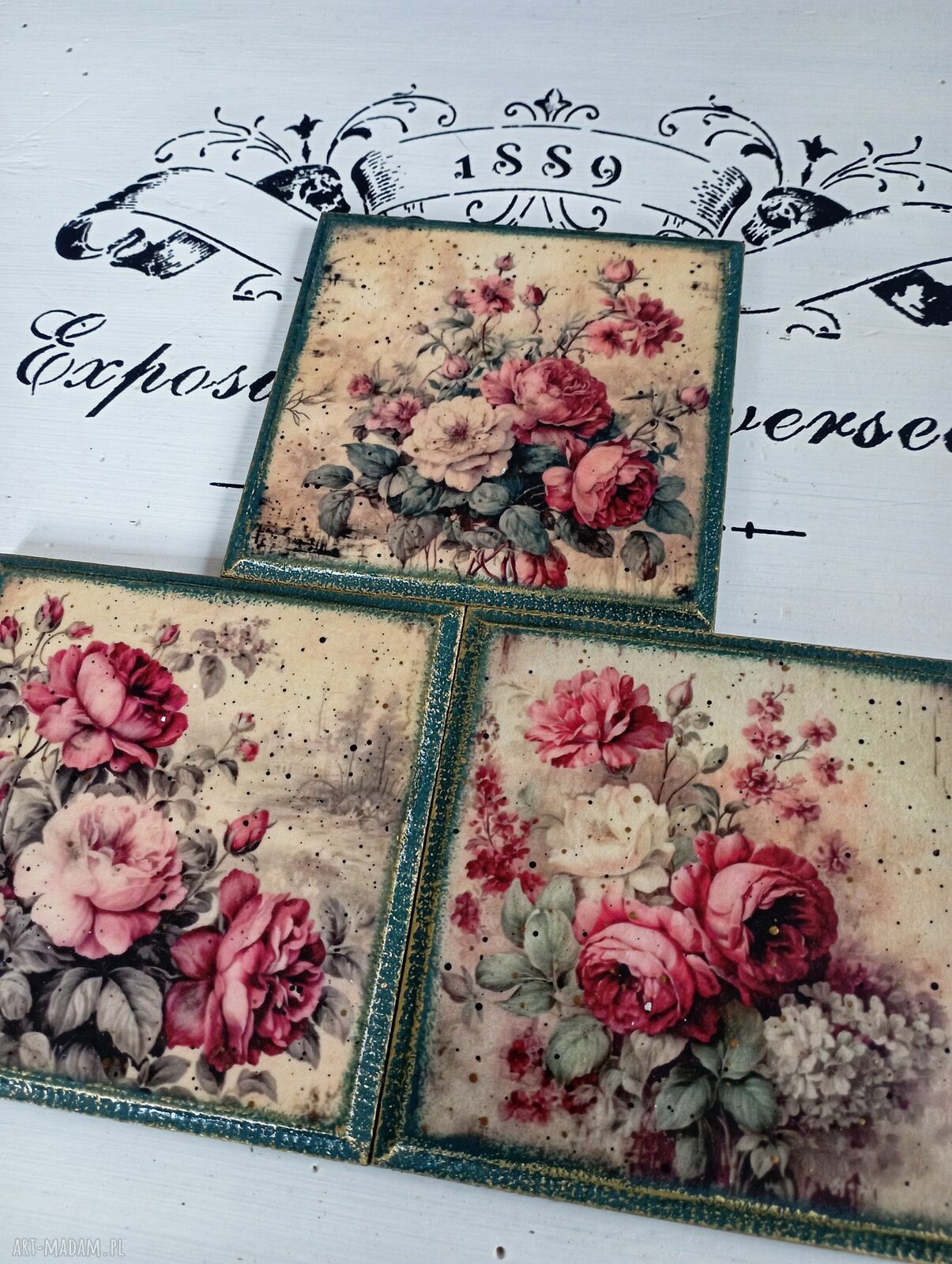 Podkładki decoupage z różami shabby chic - komplet 3 szt. (20 x 10 cm)