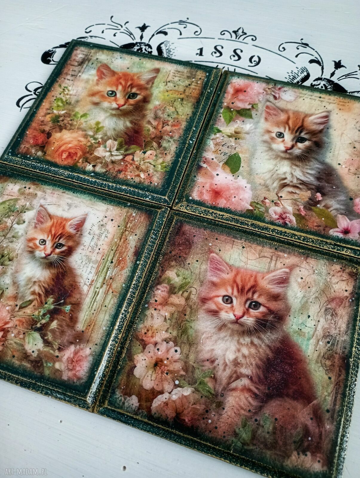 Dekoracyjne podkładki decoupage z kotkami Magiczne Kotki - komplet 4 szt.