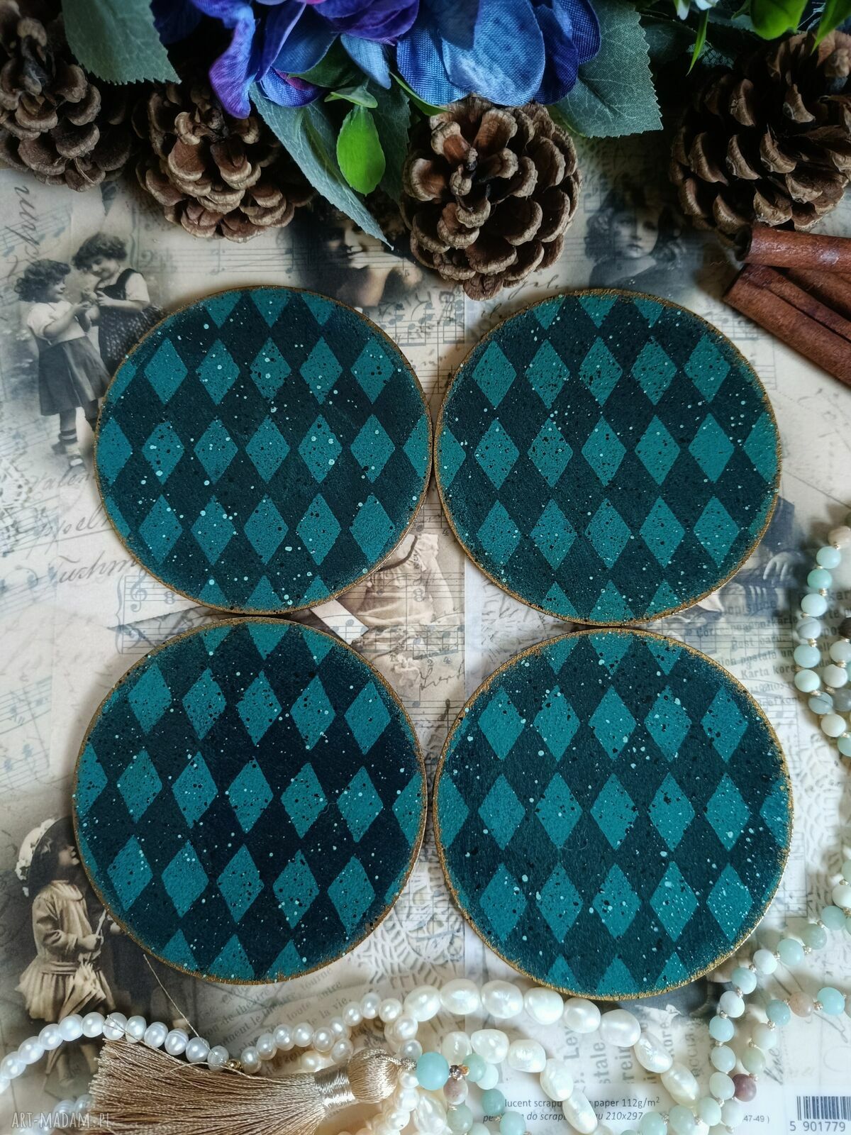 Okrągłe podkładki pod kubki decoupage vintage - komplet 4 sztuk