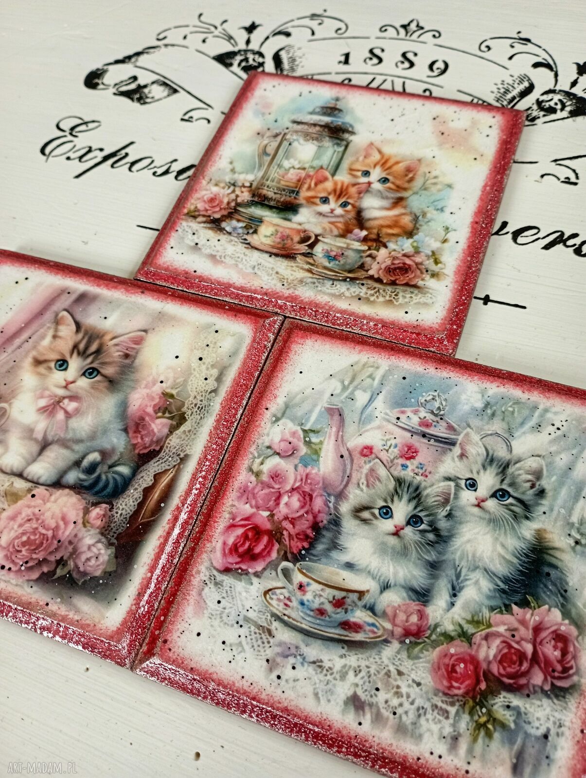 Dekoracyjne podkładki decoupage Magiczne Kotki - komplet 3 szt. (10x10 cm)