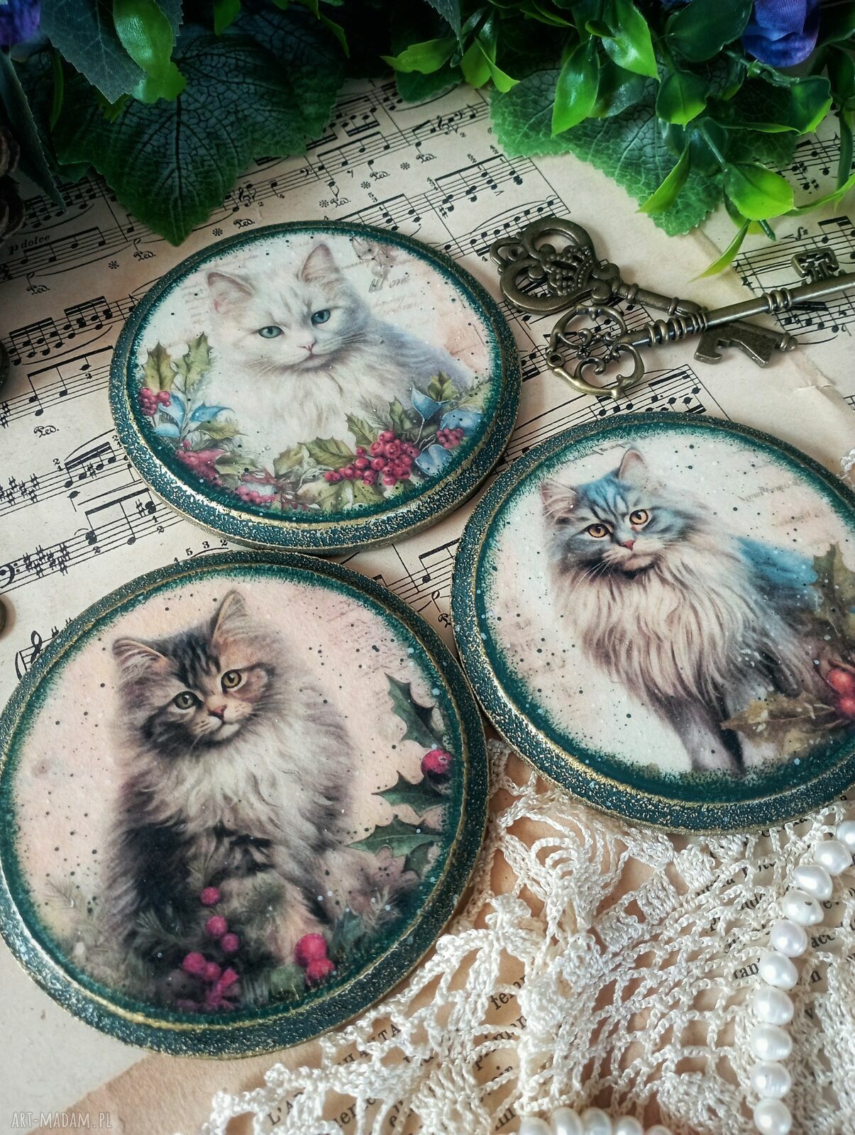 Dekoracyjne podkładki decoupage z kotkami (komplet 3 szt.)