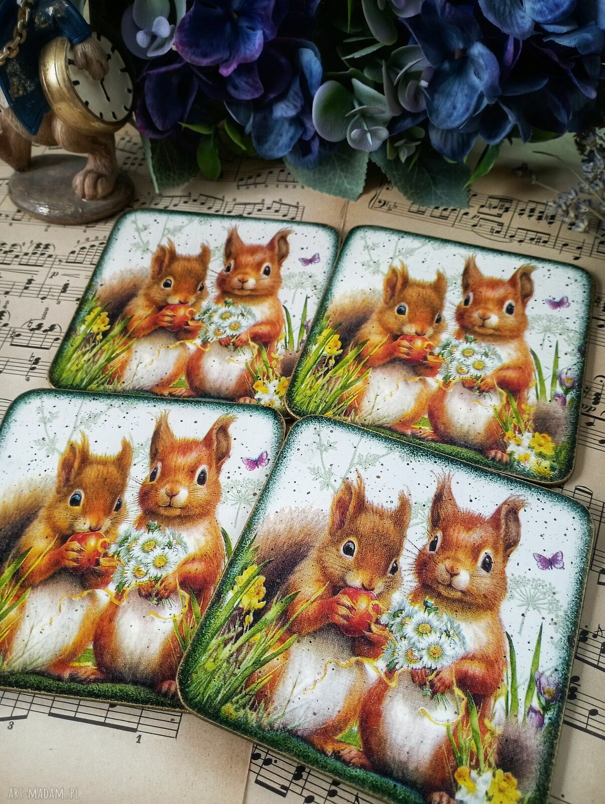 Podkładki pod kubki decoupage z wiewiórkami - vintage prowansja w shabby chic