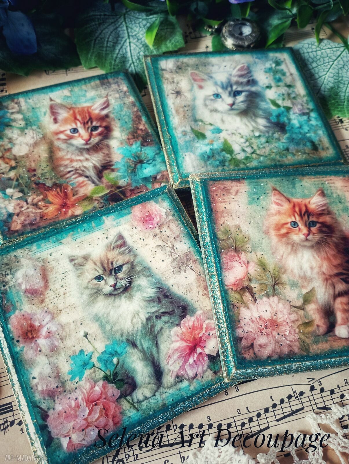 Dekoracyjne podkładki decoupage Magiczne Kotki - komplet 4 szt.