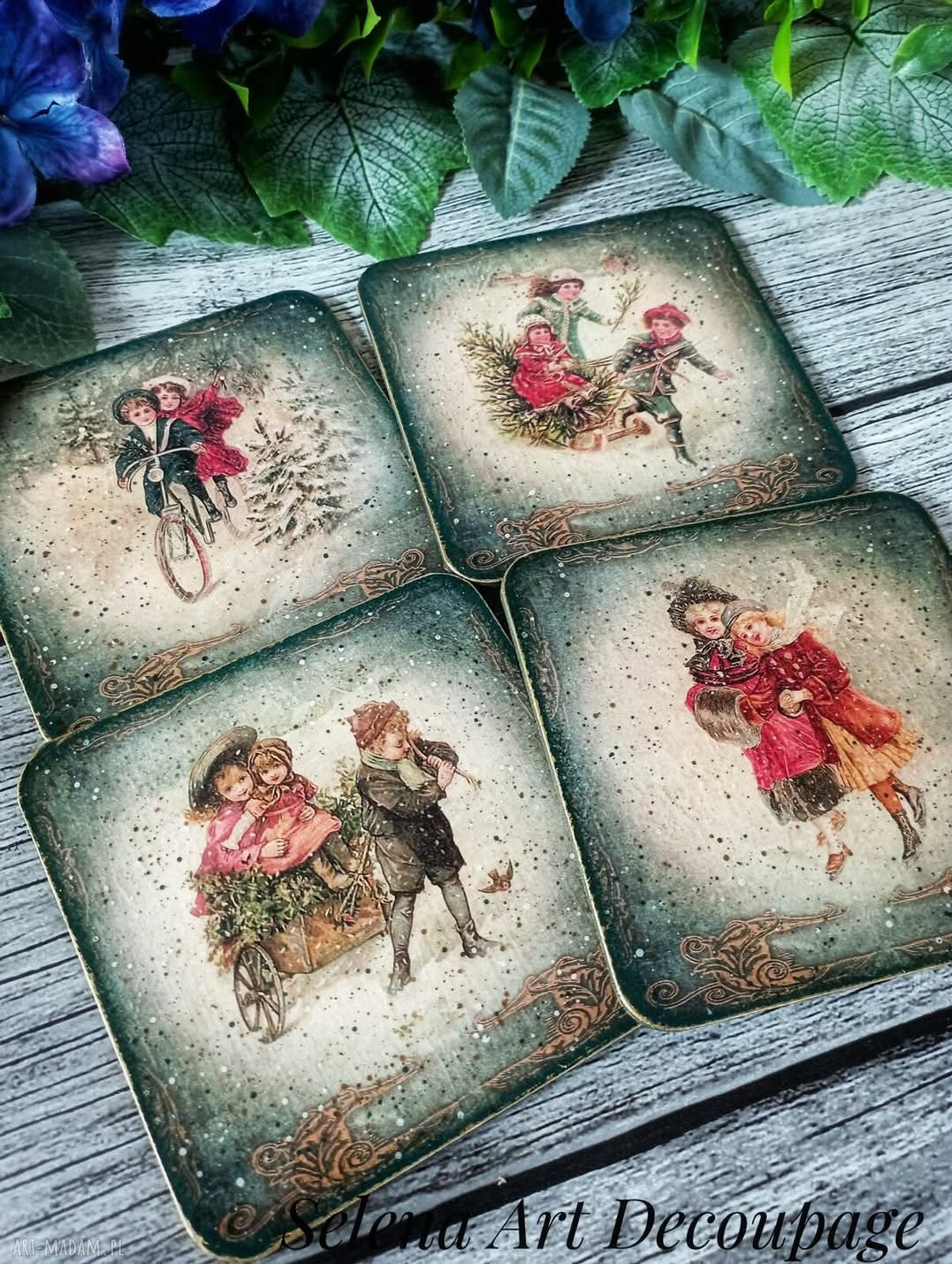 Dekoracyjne podkładki decoupage w stylu vintage - zielony komplet 4 szt.