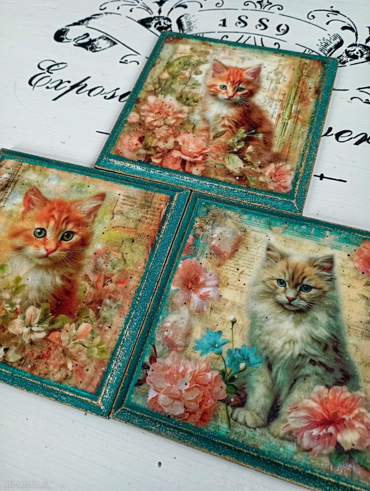 Dekoracyjne podkładki decoupage Magiczne Kotki - komplet 3 szt. 10x10 cm