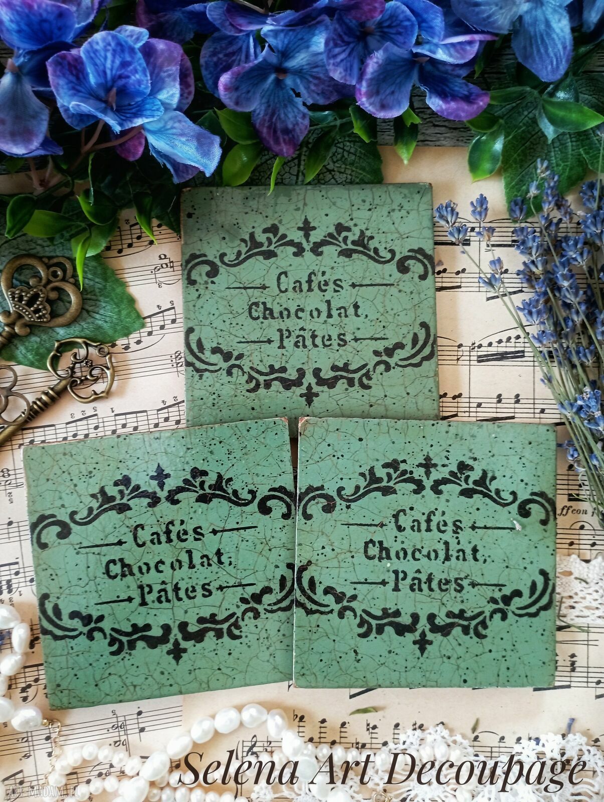 Dekoracyjne podkładki decoupage z kogutami - komplet 3 szt. w stylu farmhouse i shabby chic