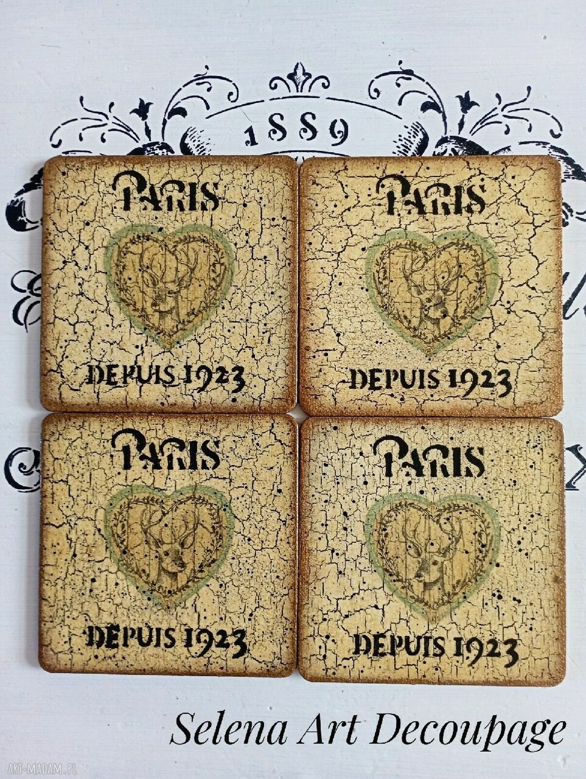 Dekoracyjne podkładki decoupage vintage w stylu farmhouse i prowansji - komplet 4 szt. 10x10 cm