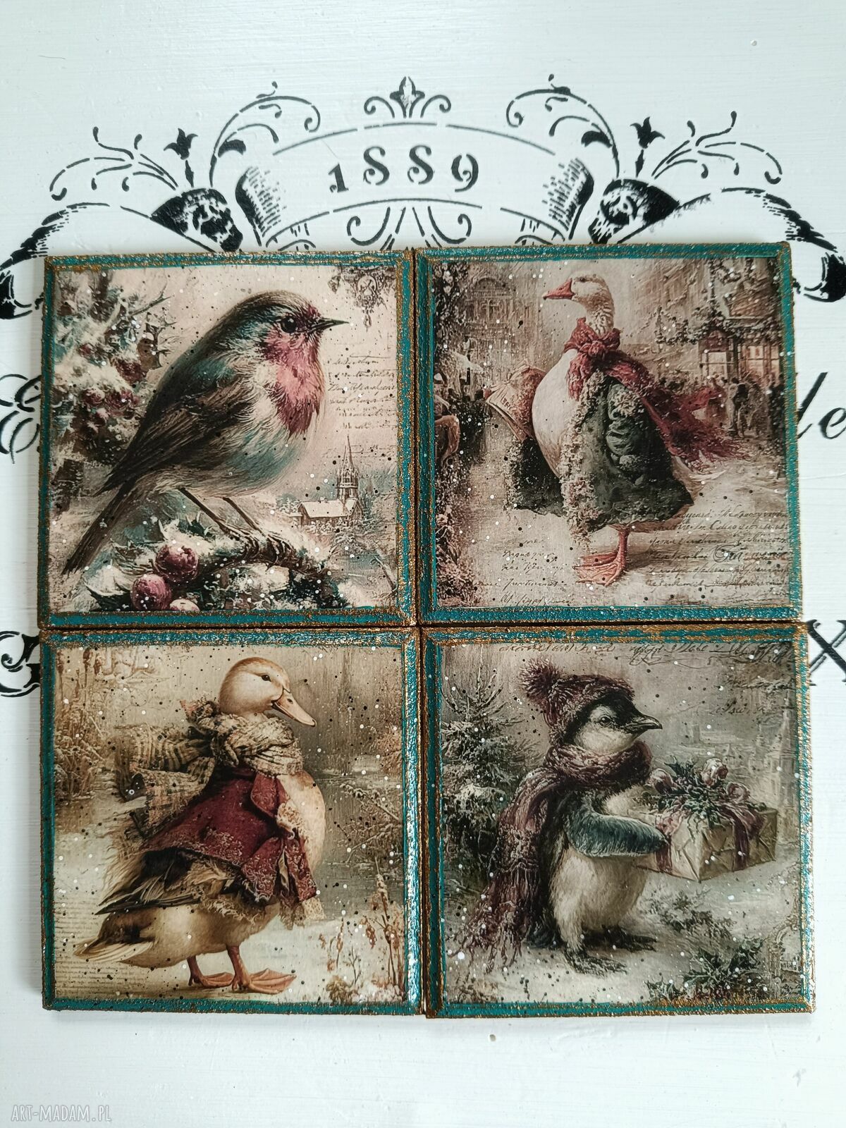 Dekoracyjne podkładki pod kubki decoupage Baśniowa Kraina - komplet 4 sztuk