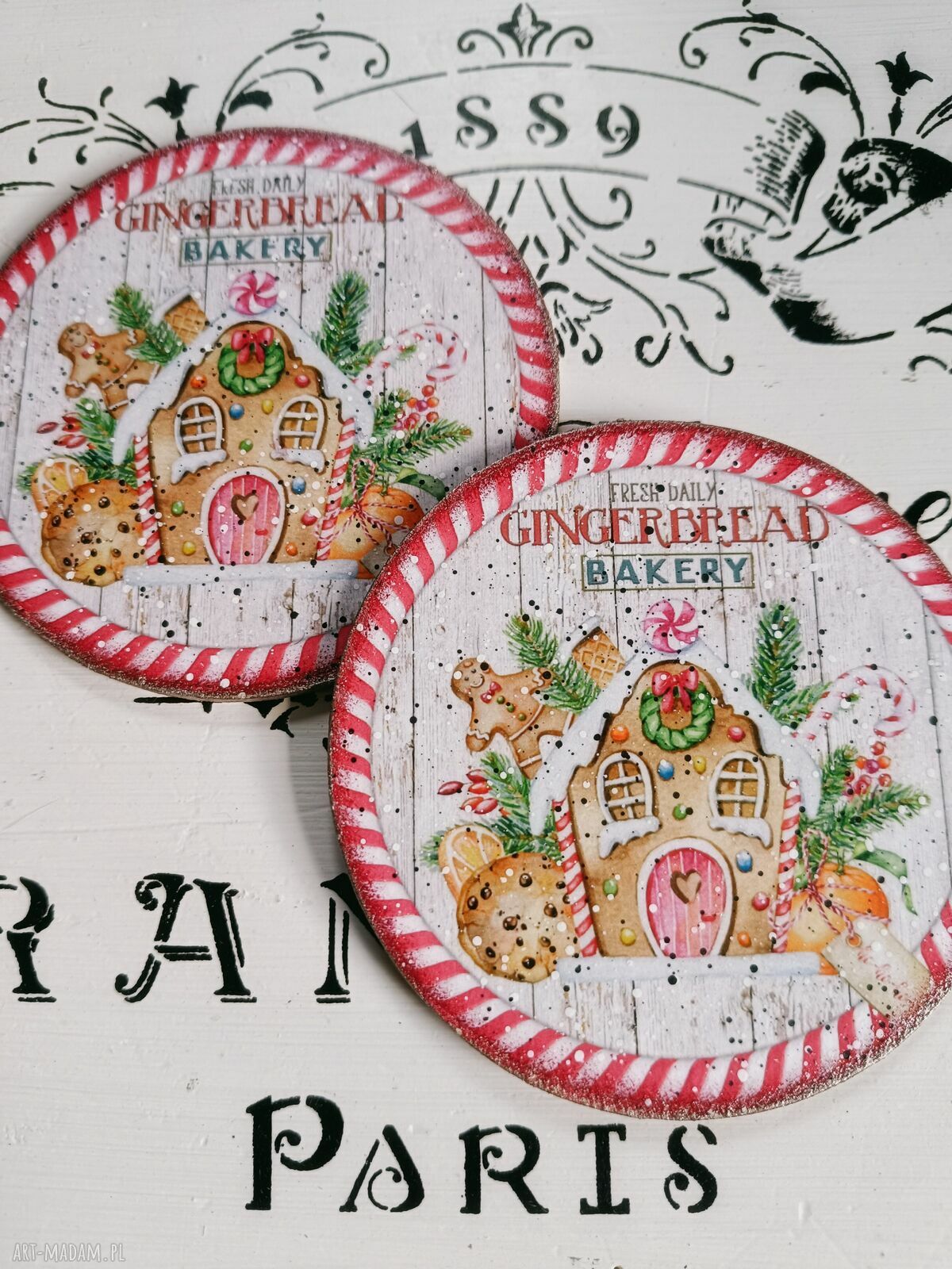 Dekoracyjne podkładki pod kubki decoupage Gingerbread Bakery - komplet 2 sztuk
