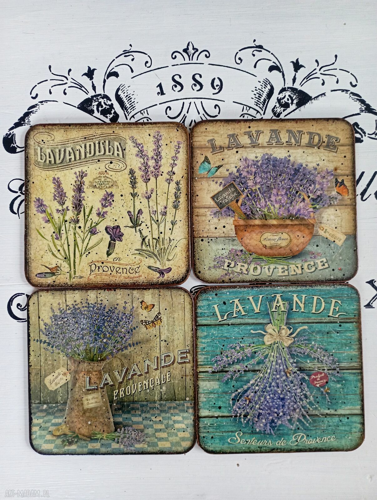 Dekoracyjne podkładki decoupage Lawenda - vintage prowansja komplet 4 szt.