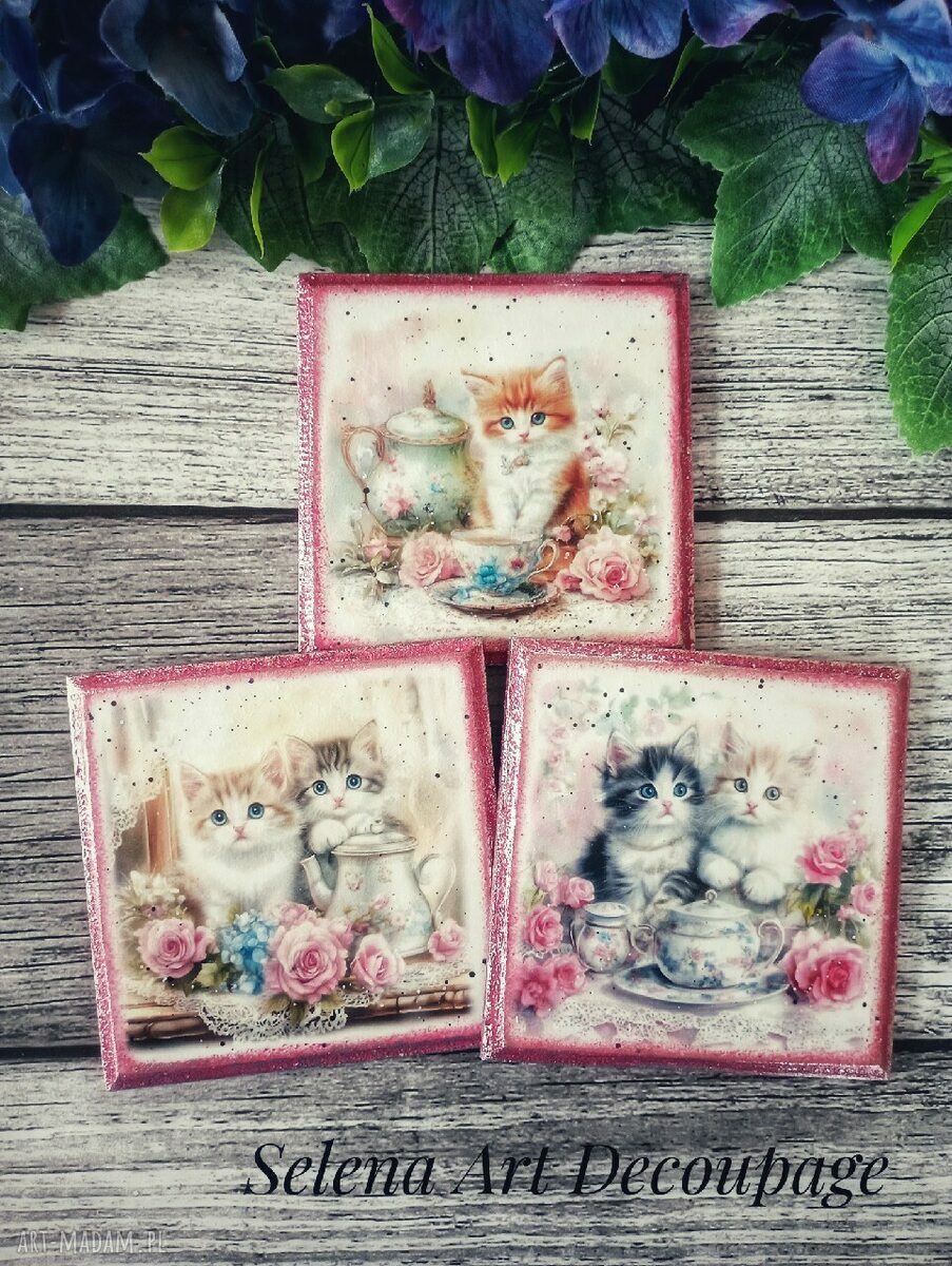 Dekoracyjne podkładki decoupage Magiczne Kotki - komplet 3 sztuki 10x10 cm
