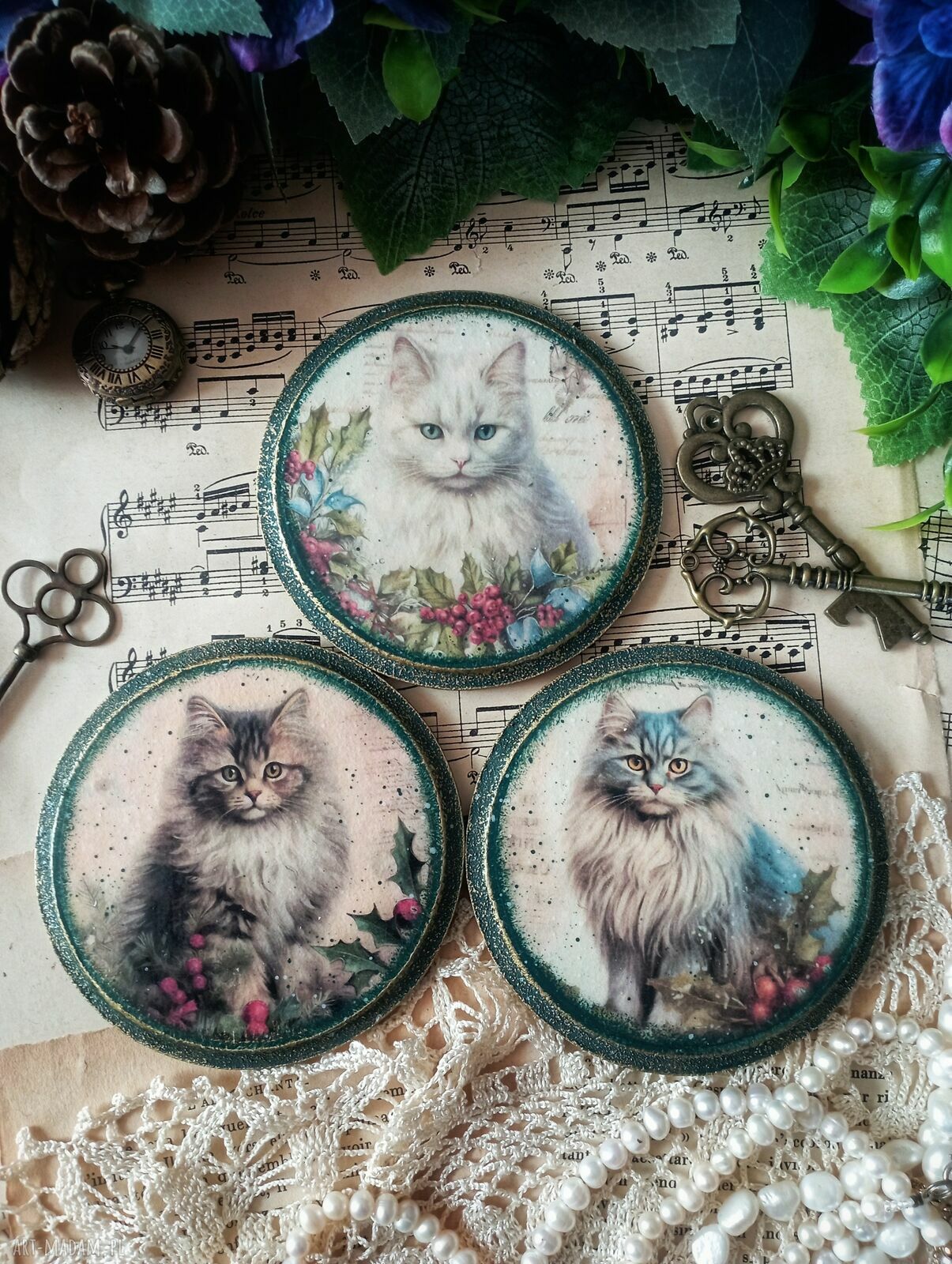 Dekoracyjne podkładki decoupage z kotkami komplet 3 szt.
