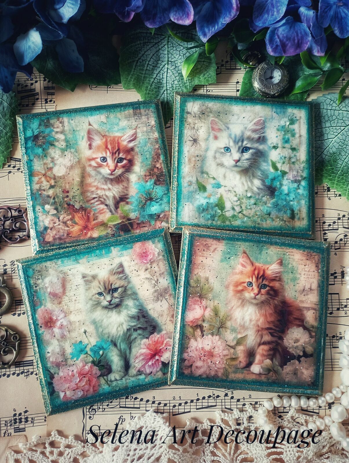 Dekoracyjne podkładki decoupage Magiczne Kotki - komplet 4 szt.