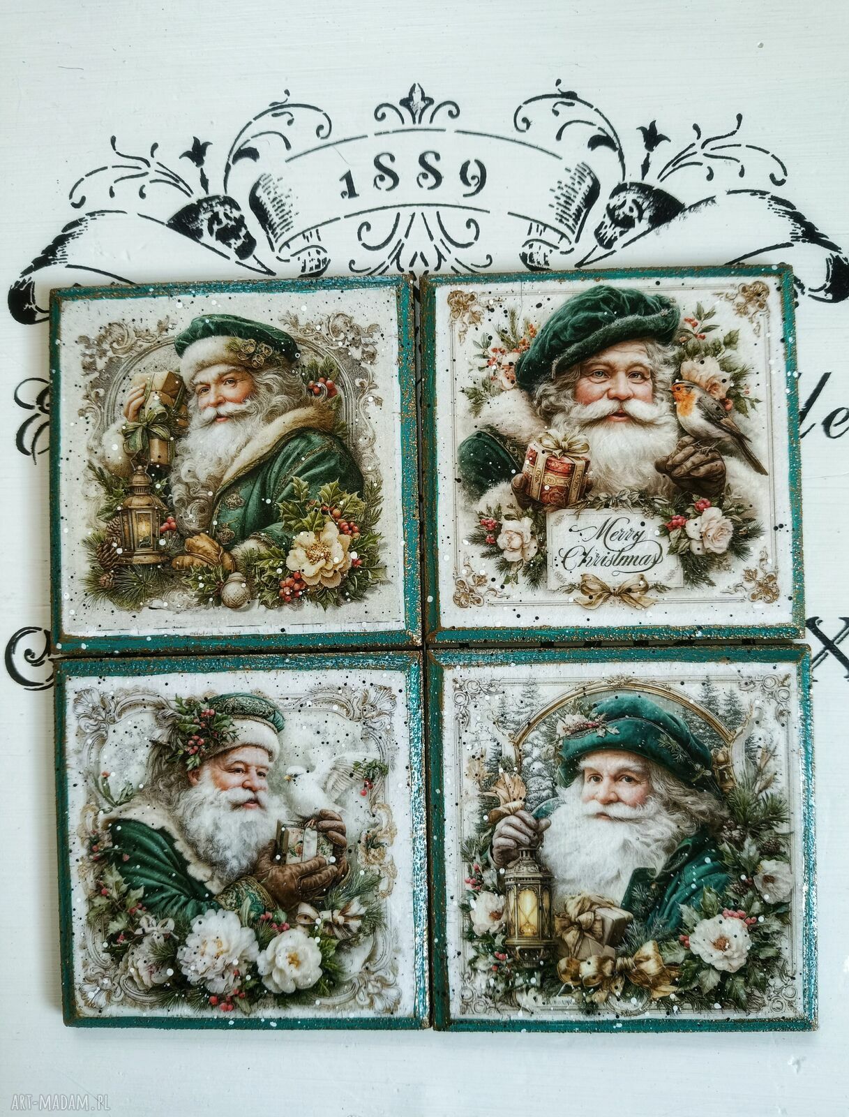 Świąteczne podkładki decoupage ze Świętym Mikołajem - komplet 4 sztuk