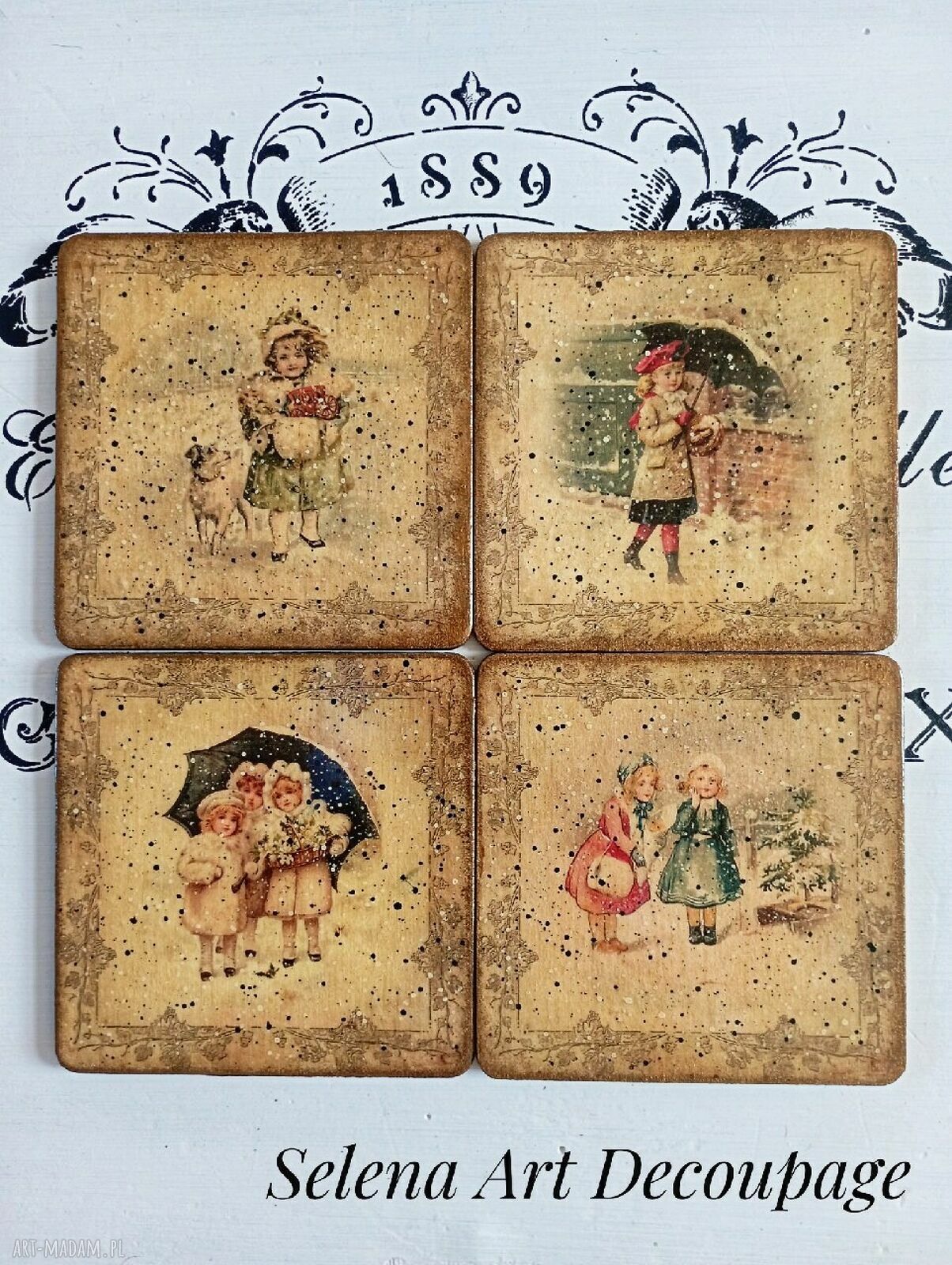 Dekoracyjne podkładki decoupage vintage w stylu farmhouse i prowansji - komplet 4 szt. 10x10 cm