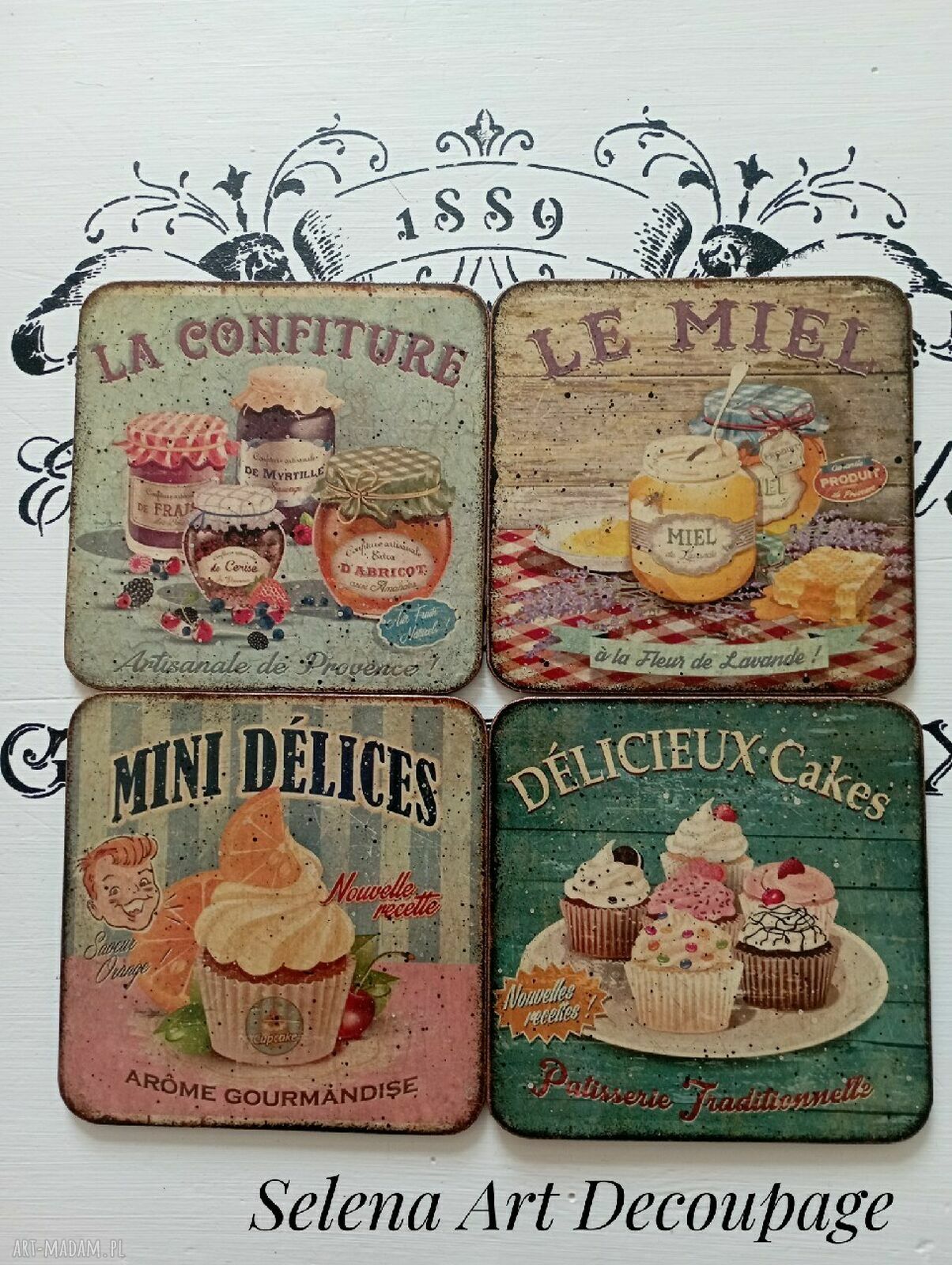 Ręcznie wykonane podkładki decoupage vintage - Prowansja, shabby chic i farmhouse komplet 4 szt.