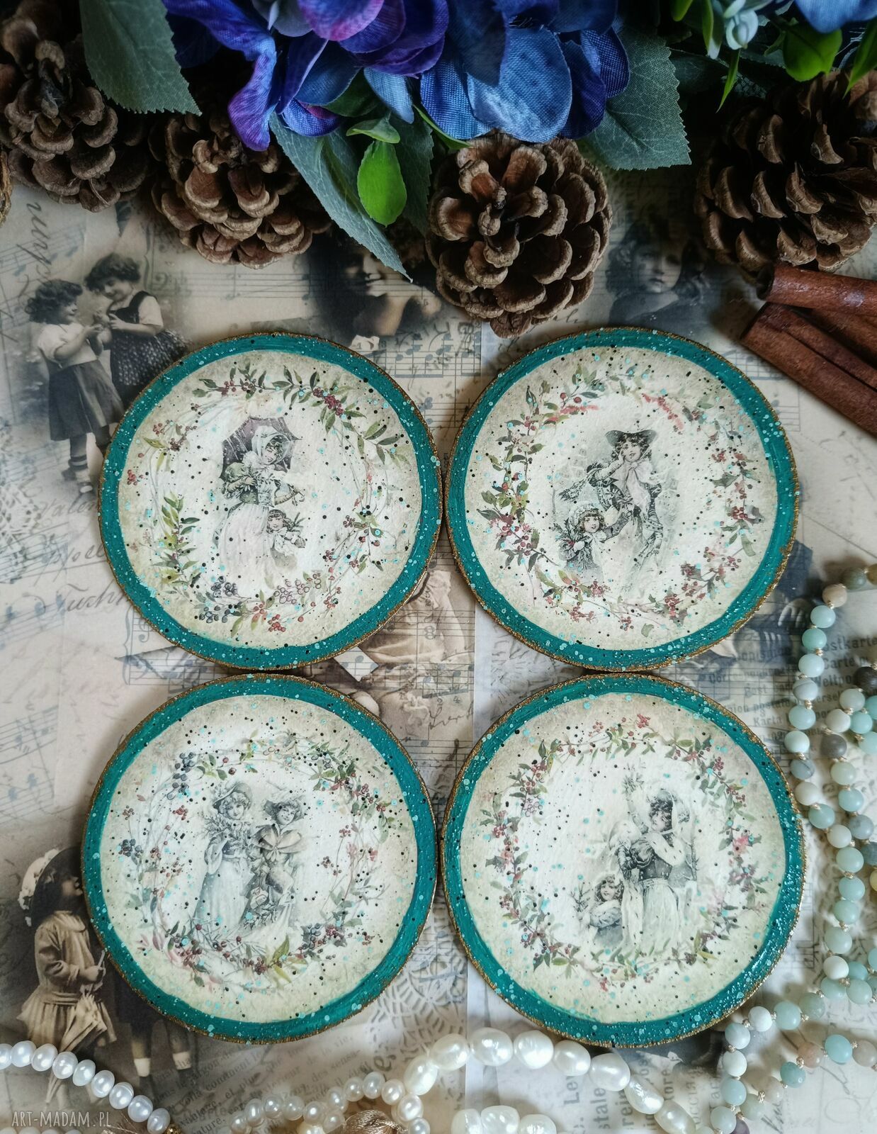 Okrągłe podkładki pod kubki decoupage vintage - komplet 4 sztuk