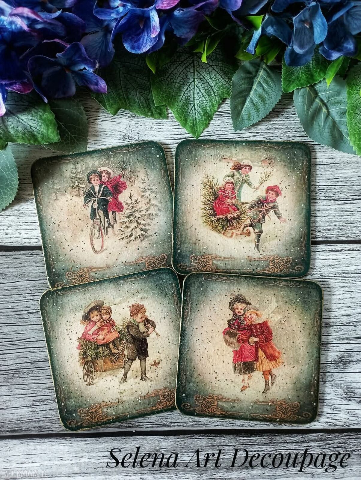 Dekoracyjne podkładki decoupage w stylu vintage - zielony komplet 4 szt.