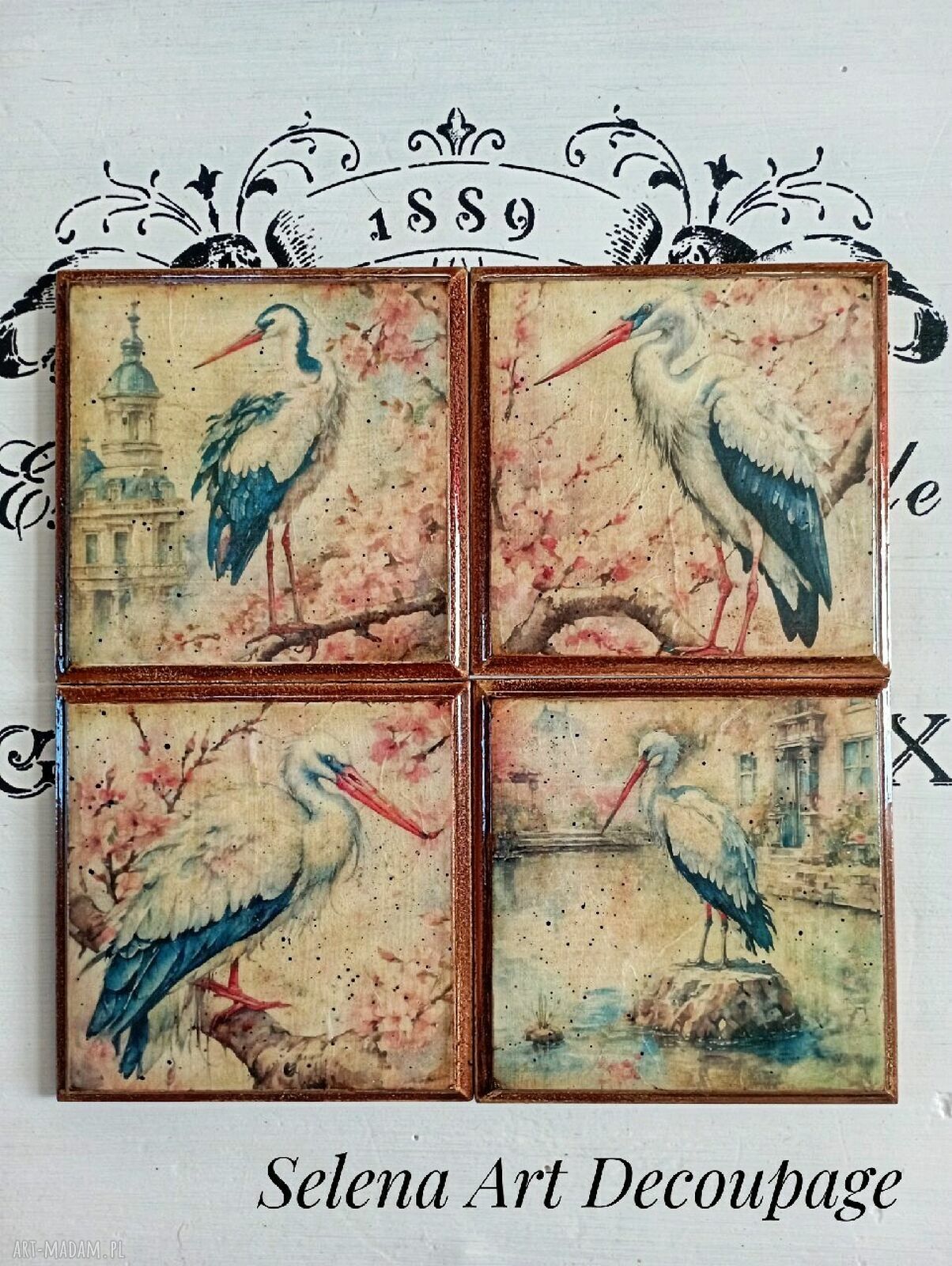 Dekoracyjne podkładki decoupage z bocianami - vintage shabby chic i farmhouse komplet 4 szt.