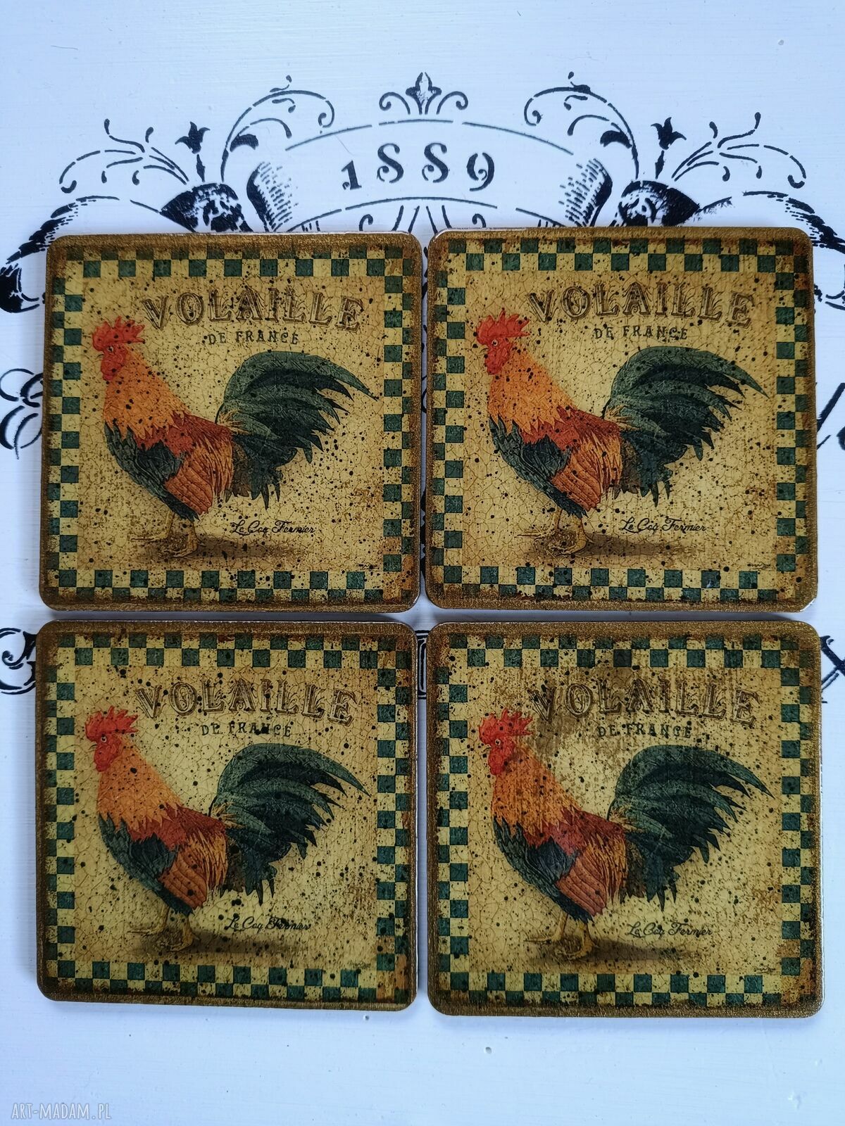Dekoracyjne podkładki decoupage z kogutami - komplet 4 sztuk