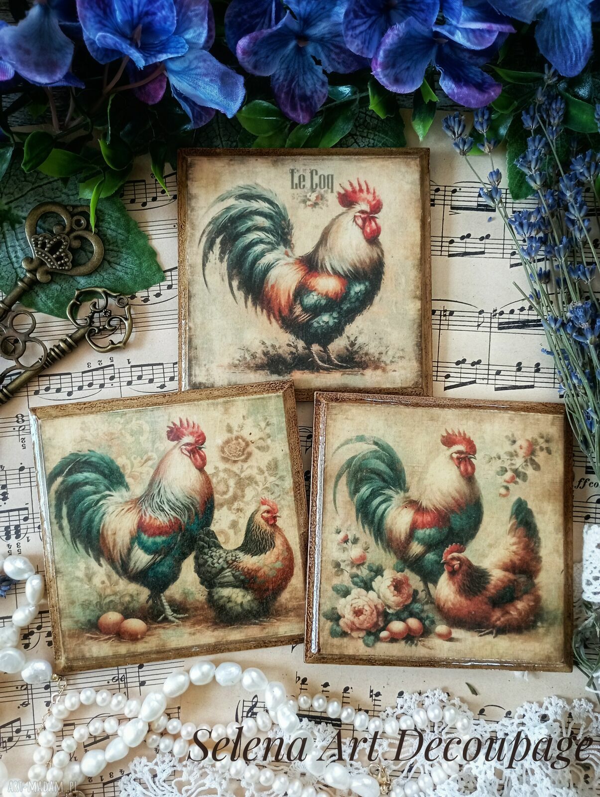 Dekoracyjne podkładki decoupage z kogutami - komplet 3 szt. w stylu farmhouse i shabby chic
