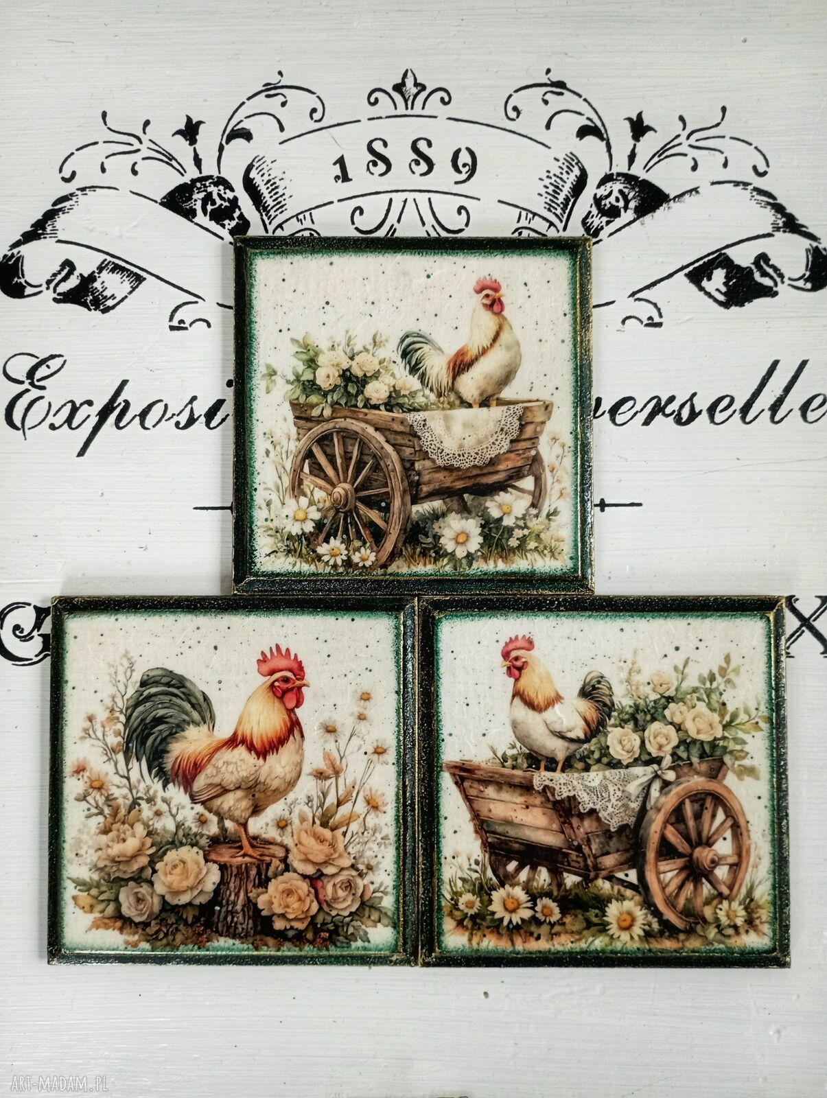 Dekoracyjne podkładki decoupage z kogutami farmhouse - komplet 3 sztuk 10x10 cm