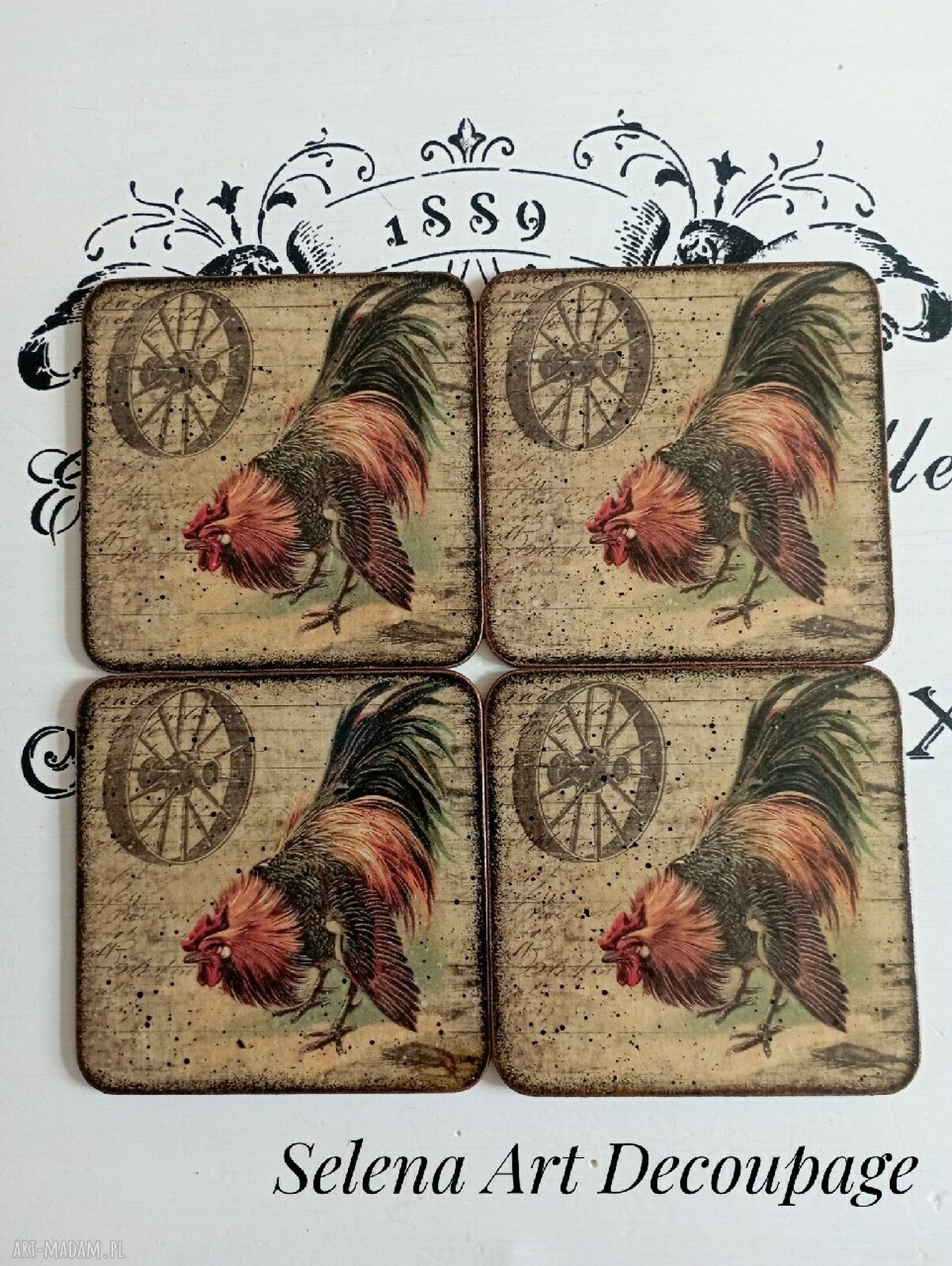 Dekoracyjne podkładki decoupage z kogutami - komplet 4 szt. 10x10 cm
