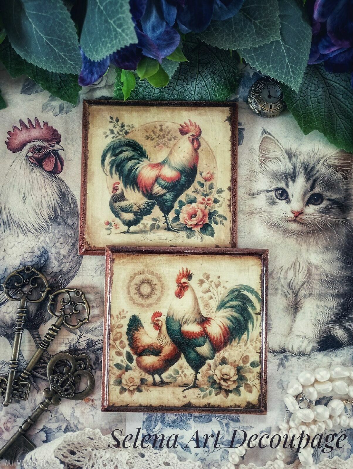 Dekoracyjne podkładki decoupage z kogutami vintage - komplet 2 szt.