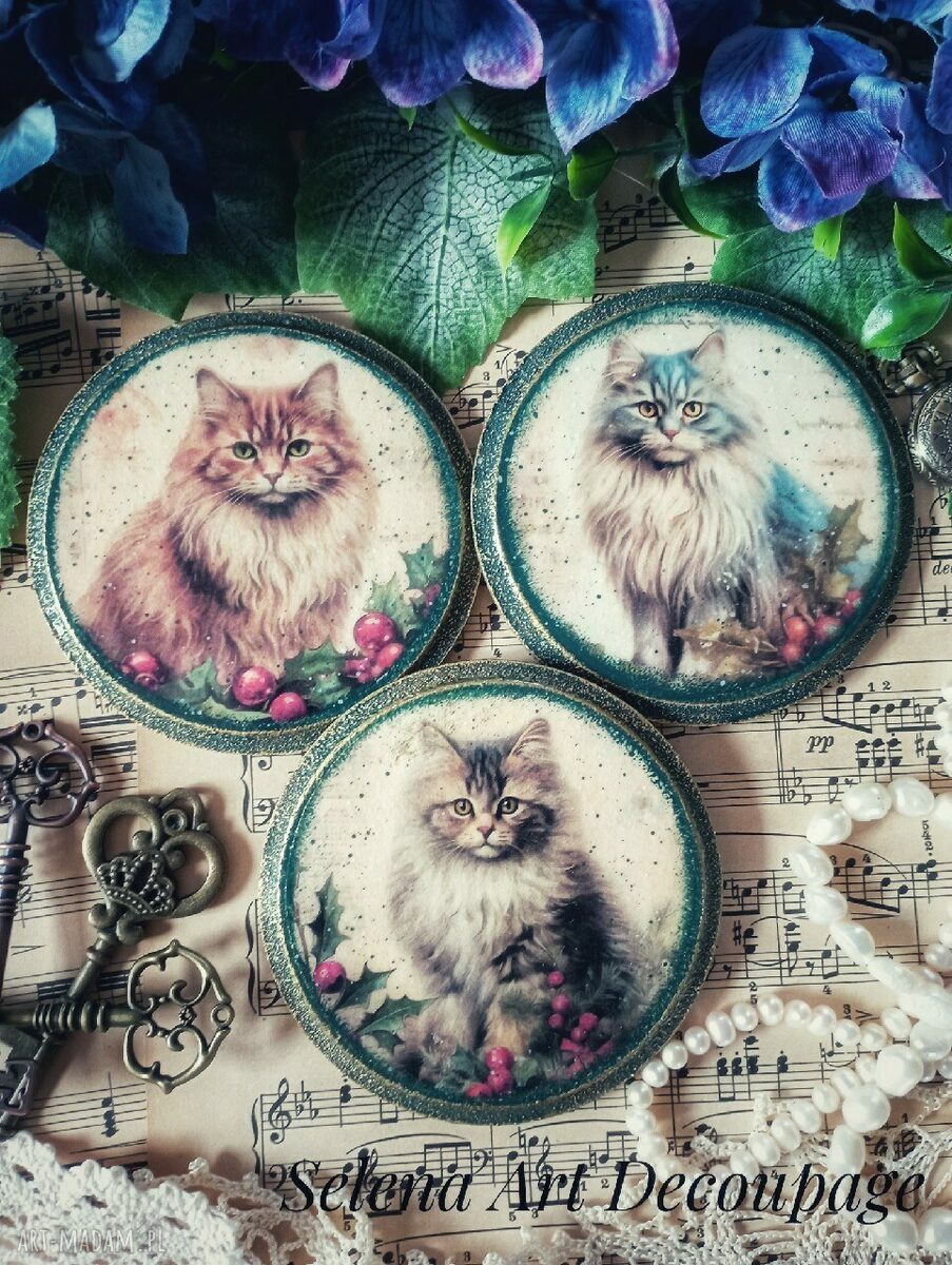 Dekoracyjne podkładki decoupage z kotkami vintage - shabby chic komplet 3 szt.