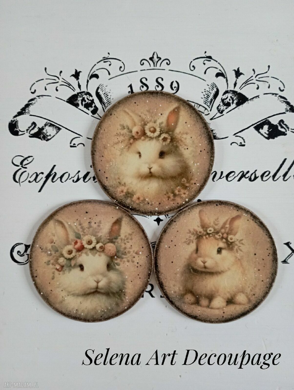 Dekoracyjne podkładki decoupage z króliczkami - komplet 3 sztuki 10 cm