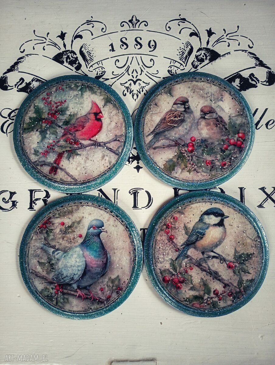 Dekoracyjne podkładki decoupage z ptakami - komplet 4 sztuk