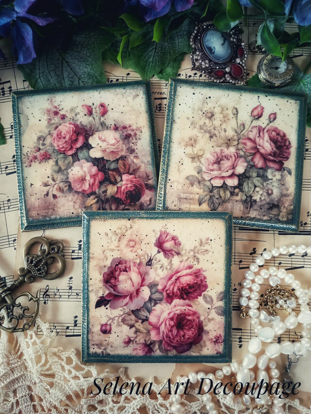 Róże w stylu vintage - dekoracyjne podkładki decoupage komplet 3 szt.