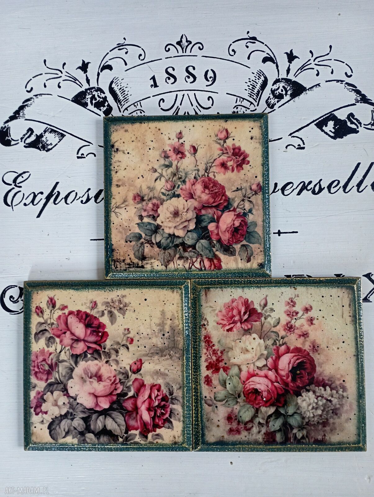 Podkładki decoupage z różami shabby chic - komplet 3 szt. 20 x 10 cm