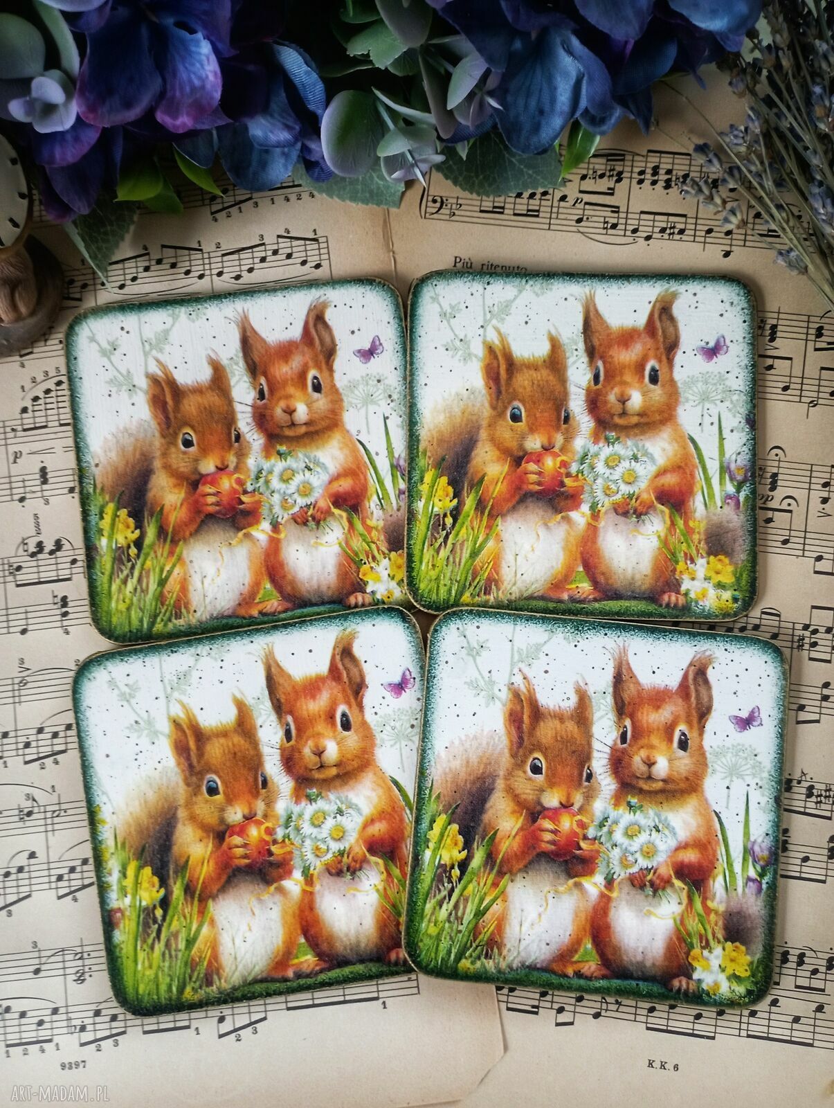 Podkładki pod kubki decoupage z wiewiórkami - vintage prowansja w shabby chic
