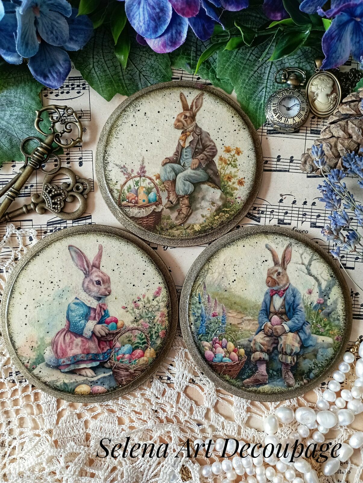 Dekoracyjne podkładki decoupage z zającami - komplet 3 sztuki 10 cm