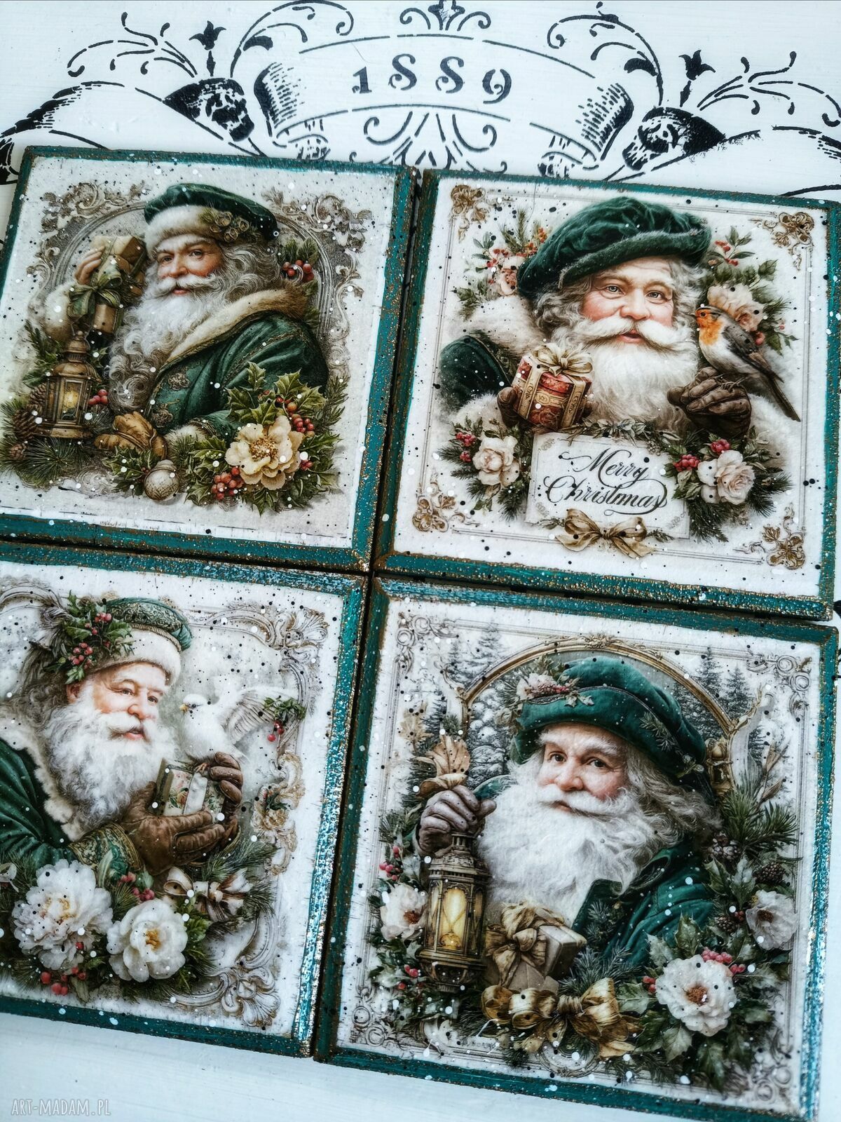 Świąteczne podkładki decoupage ze Świętym Mikołajem - komplet 4 sztuk