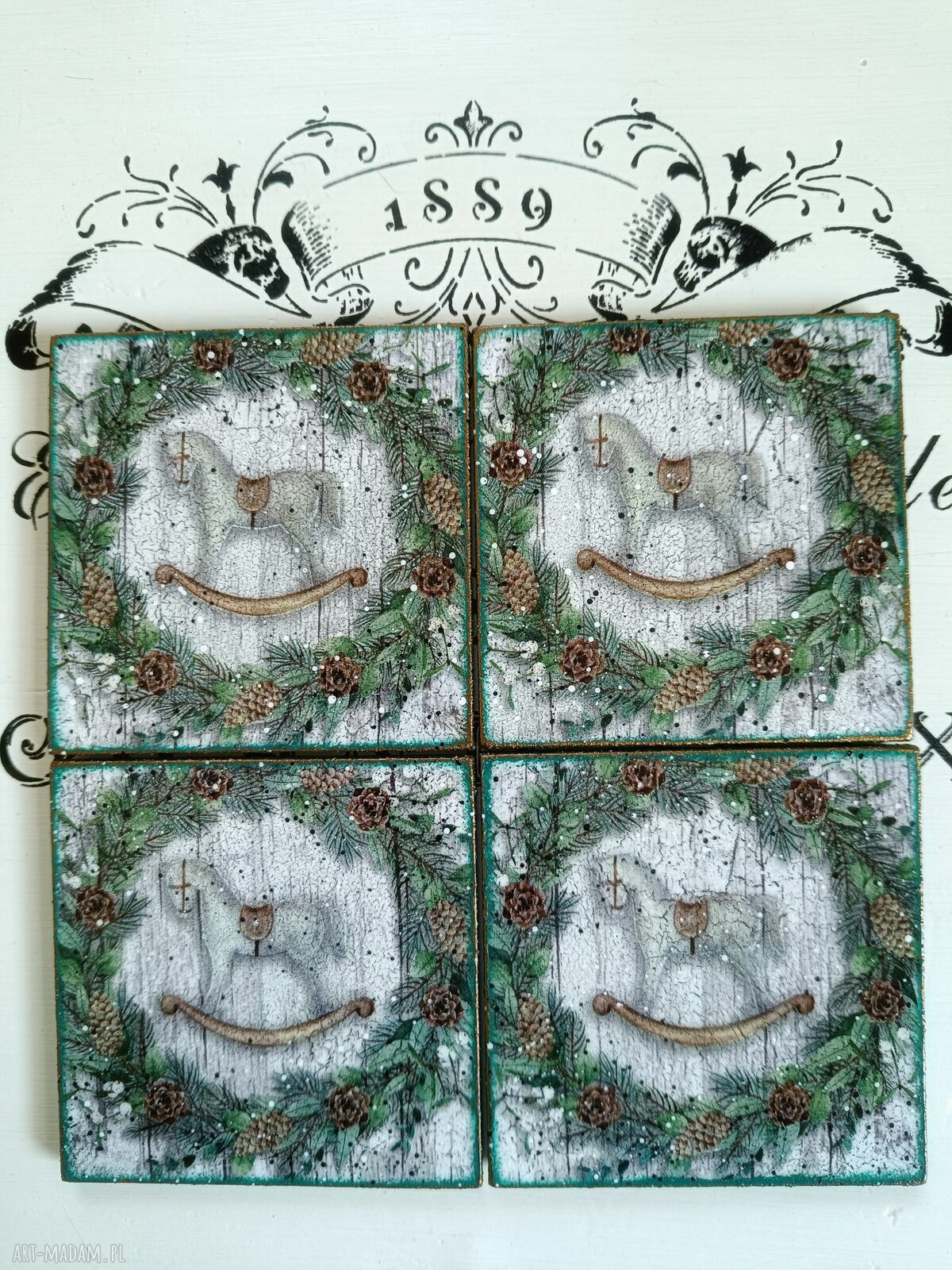 Świąteczne podkładki decoupage ze Świętym Mikołajem - komplet 4 sztuk