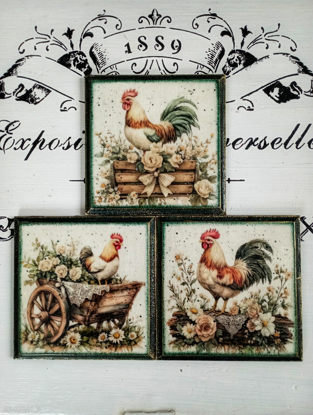 Dekoracyjne podkładki z kogutami w stylu vintage - komplet 3 szt. 10x10 cm