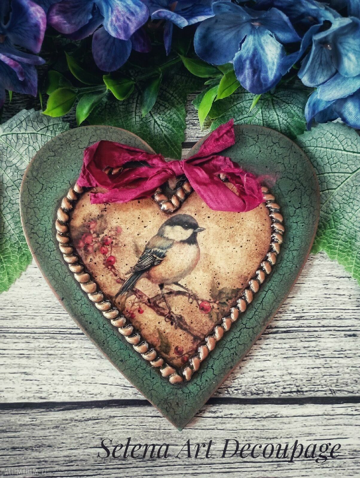 Serce dekoracyjne decoupage z sikorką - farmhouse vintage, shabby chic