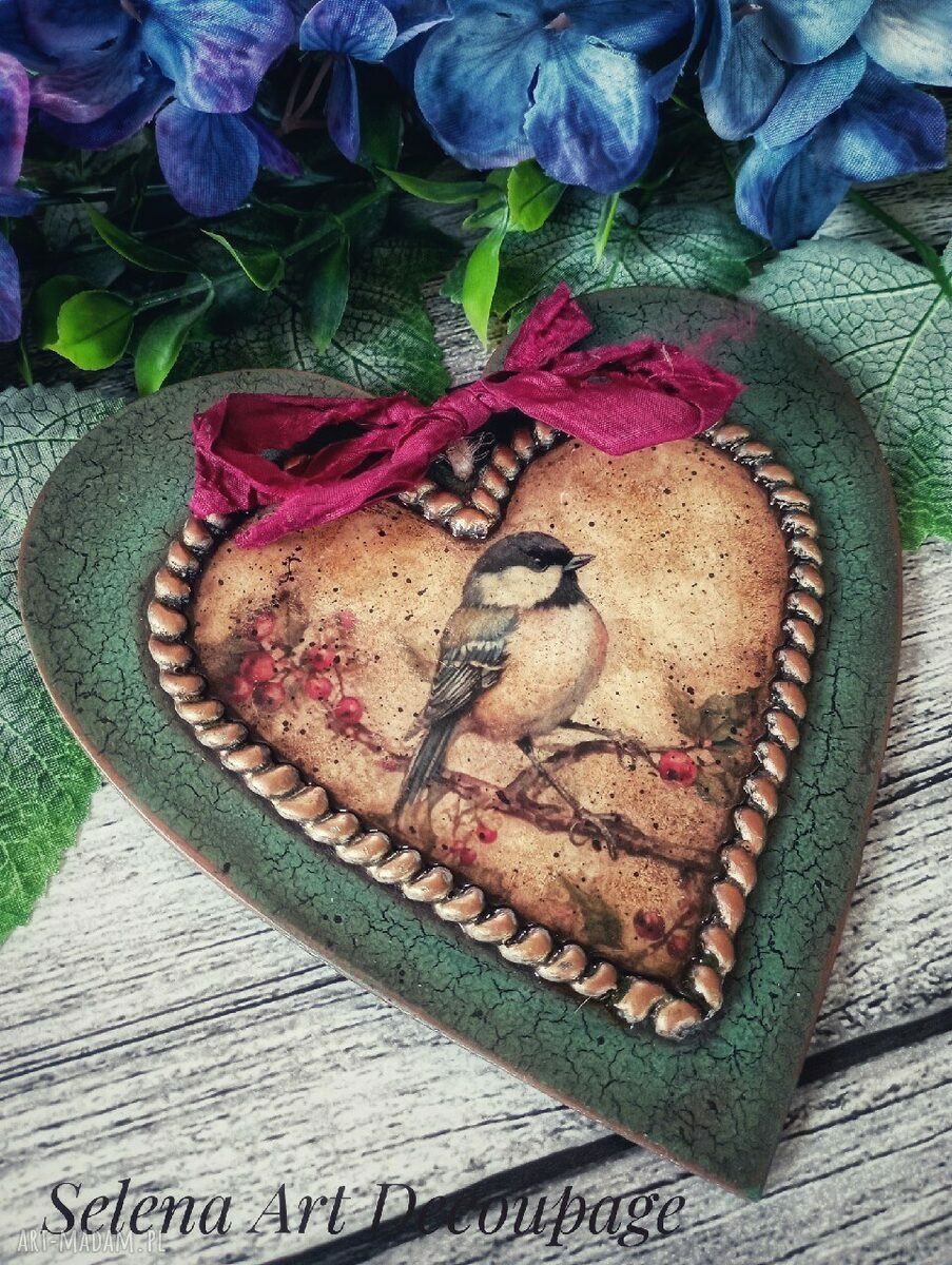 Serce dekoracyjne decoupage z sikorką - farmhouse vintage, shabby chic