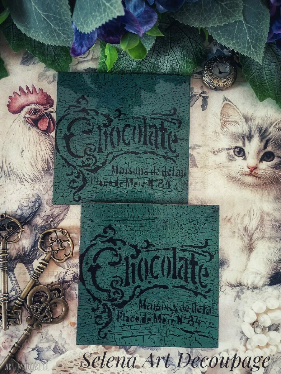 Dekoracyjne podkładki decoupage z kogutami vintage - komplet 2 szt.