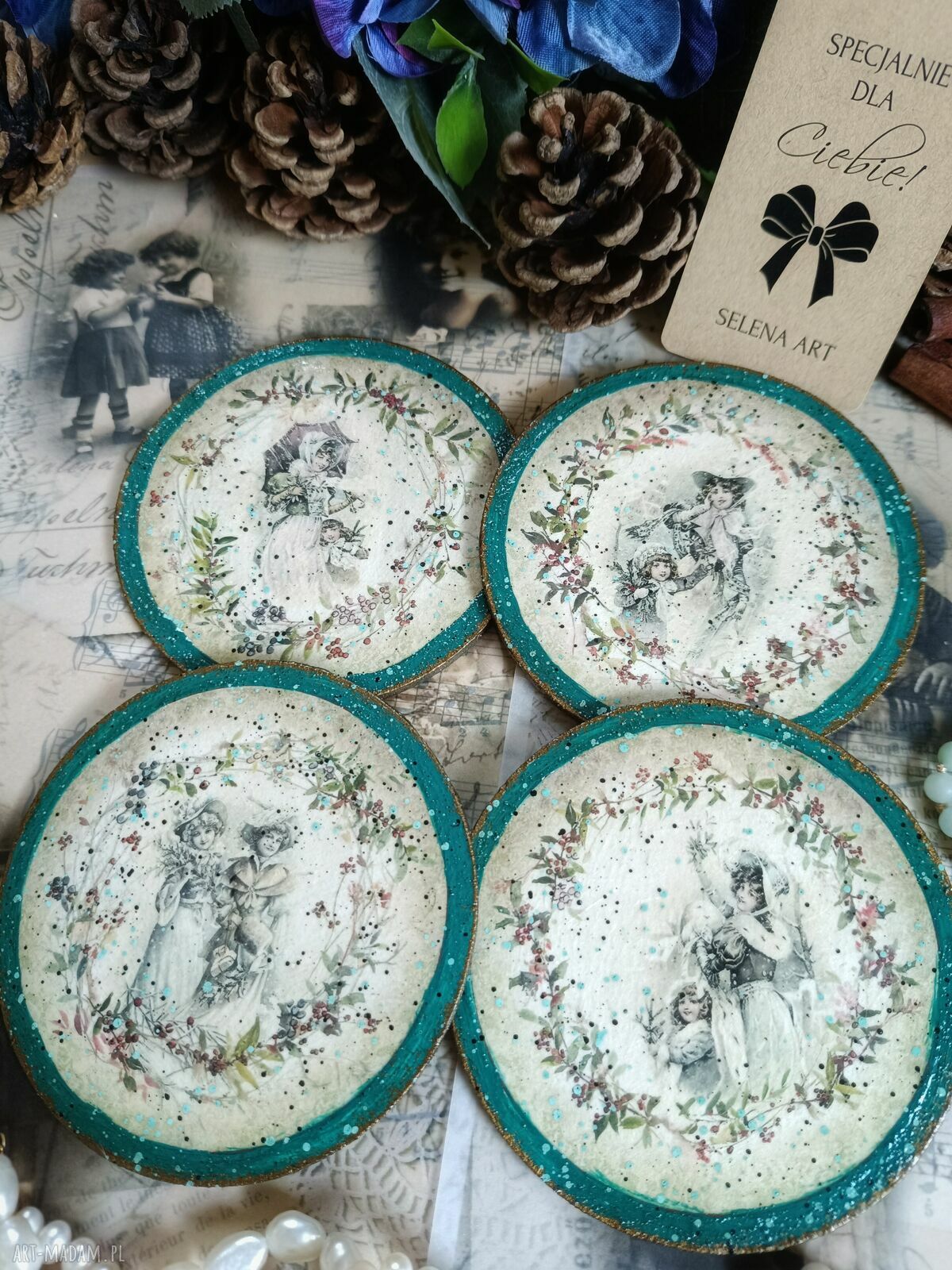 Okrągłe podkładki pod kubki decoupage vintage - komplet 4 sztuk
