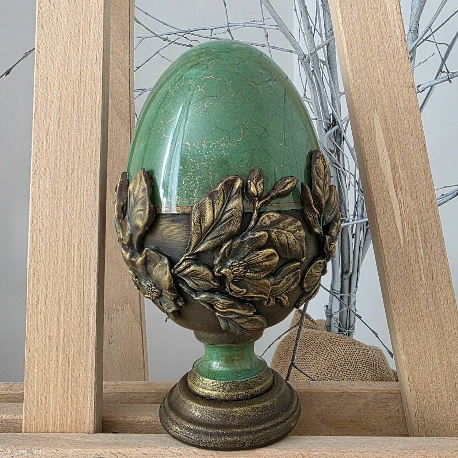 Szmaragdowe jajo wielkanocne z magnolią - 15 cm
