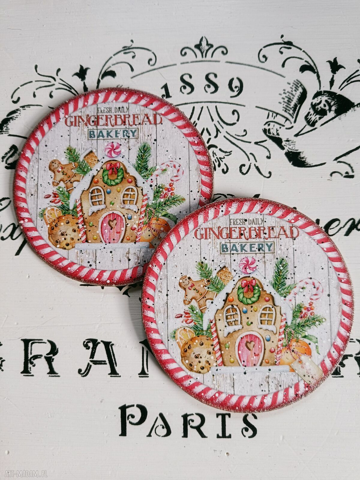 Dekoracyjne podkładki pod kubki decoupage Gingerbread Bakery - komplet 2 sztuk
